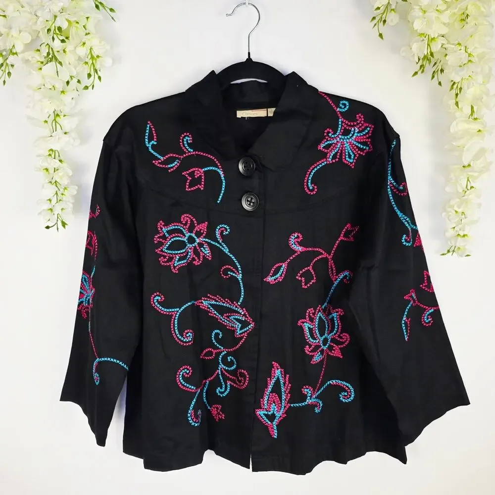 Choices Jacket Large Black Pink Floral Embroidered Rodeo Boho Cowgirl Western